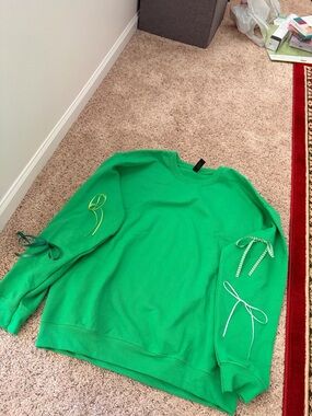 Gildan Bright Green Women's Sweatshirt with Bow Sleeve Accents